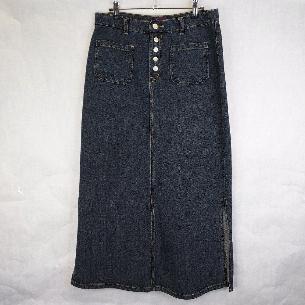 Candy Denim Maxi Skirt XL Jean Dark Wash Pockets Side Slits Cowgirl Rodeo Retro